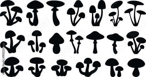 Mushroom silhouette collection, forest fungi plants vector illustration, wild nature toadstool icons isolated botanical organic design elements set