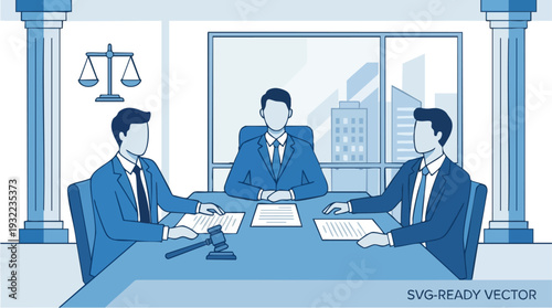 Three lawyers in a meeting discussing legal documents.