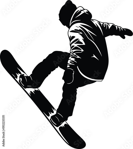 Action silhouette of a snowboarder jumping in mid-air, winter sports vector illustration, extreme snowboarding trick, mountain outdoor adventure, and snow boarding athlete icon