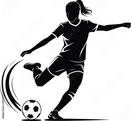 Black and white silhouette of female soccer player kicking a ball midaction 1