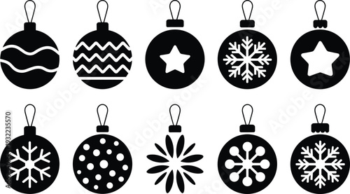 Christmas ornament ball silhouette set, festive holiday baubles vector illustration, winter hanging decorations isolated seasonal Christmas tree design elements