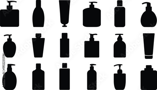 Cosmetic bottle silhouette collection, skincare packaging containers vector illustration, lotion shampoo dispenser set, beauty product cosmetic packaging isolated icons