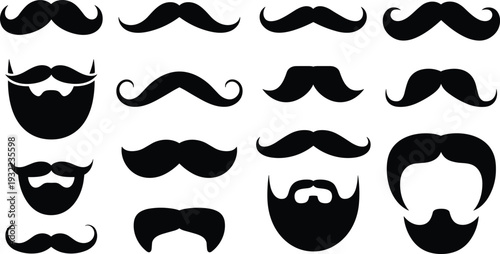 Mustache and beard silhouette collection, hipster facial hair styles vector illustration, vintage barber grooming icons isolated men style set