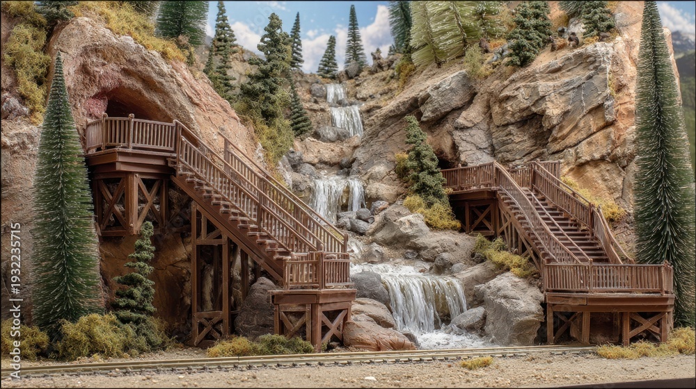 Fototapeta premium Scenic View of Model Train Landscape with Wooden Stairs and Cascading Waterfalls Amidst Natural Stone and Trees