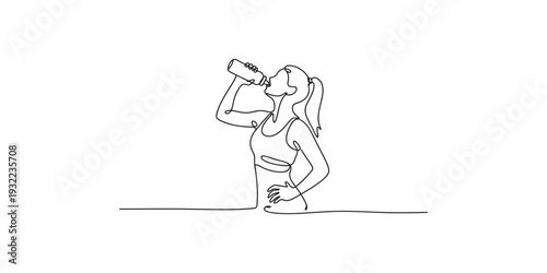 A single line drawing of a woman in workout clothes taking a break to drink water from a bottle