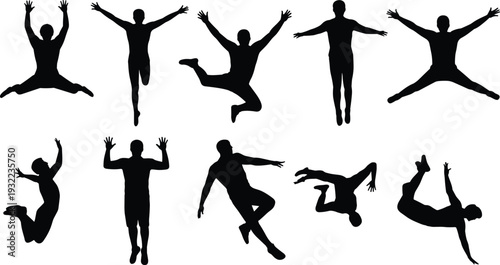 Dynamic human silhouettes jumping, dancing, celebrating, fitness poses, joyful energy, active lifestyle, expressive motion, sports activity, vitality, freedom, success