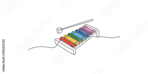 A simple continuous line drawing of a colorful toy xylophone with a mallet for children to play music.