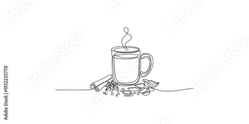 A minimalist continuous line drawing illustration of a hot beverage mug with steam rising and spices