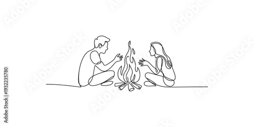 Minimalist continuous line art illustration of two people sitting by a campfire at night