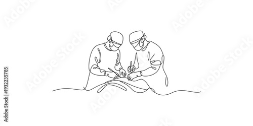 A simple continuous line art illustration showing two surgeons performing a medical operation