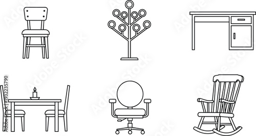 Furniture outline vector icon set featuring chair, desk, dining table, office chair, coat rack, and rocking chair, minimal interior design symbols