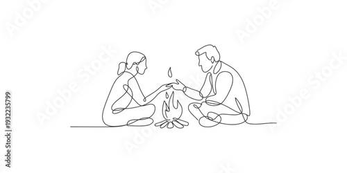 A simple continuous line art drawing of a couple sitting and relaxing by a small campfire
