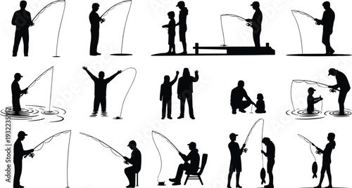 Silhouette fishing scenes, family recreation, shore angling, dock fishing, outdoor lifestyle, catch fish art, leisure activity, companionship, motion design, sport