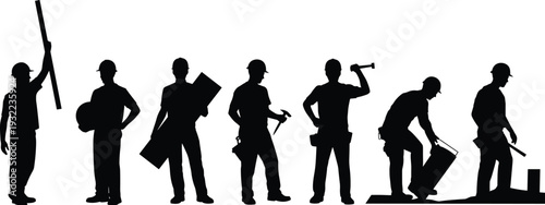 Silhouette construction workers with tools, teamwork, building site, industrial labor, hard hats, construction industry, workforce diversity, construction teamwork illustration