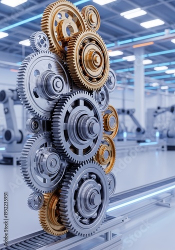 Intricate gears align flawlessly within vast automated factory, showcasing repeatable engineering excellence and exact manufacturing standards