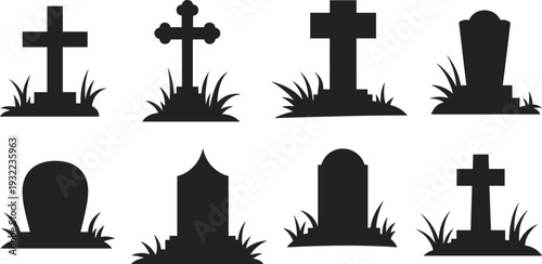 Silhouette gravestones crosses, cemetery art, memorial design, death symbolism, Halloween illustration, gothic style, tombstone figure, spiritual theme, remembrance, heritage