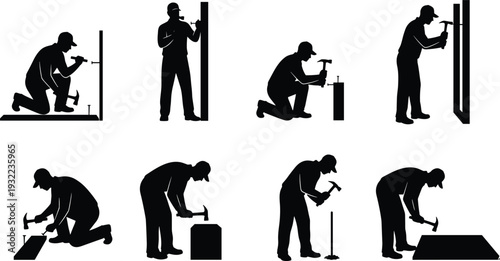 Hammering worker silhouettes, carpentry tasks, construction labor, nail hammering, floor work, vertical surface, manual labor, ergonomic posture artwork design