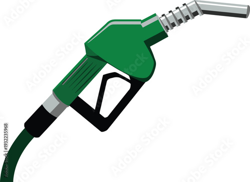 Green fuel pump nozzle isolated on white background with metallic and plastic details