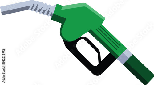 Green fuel pump nozzle with silver hose and ridged handle in isolated view