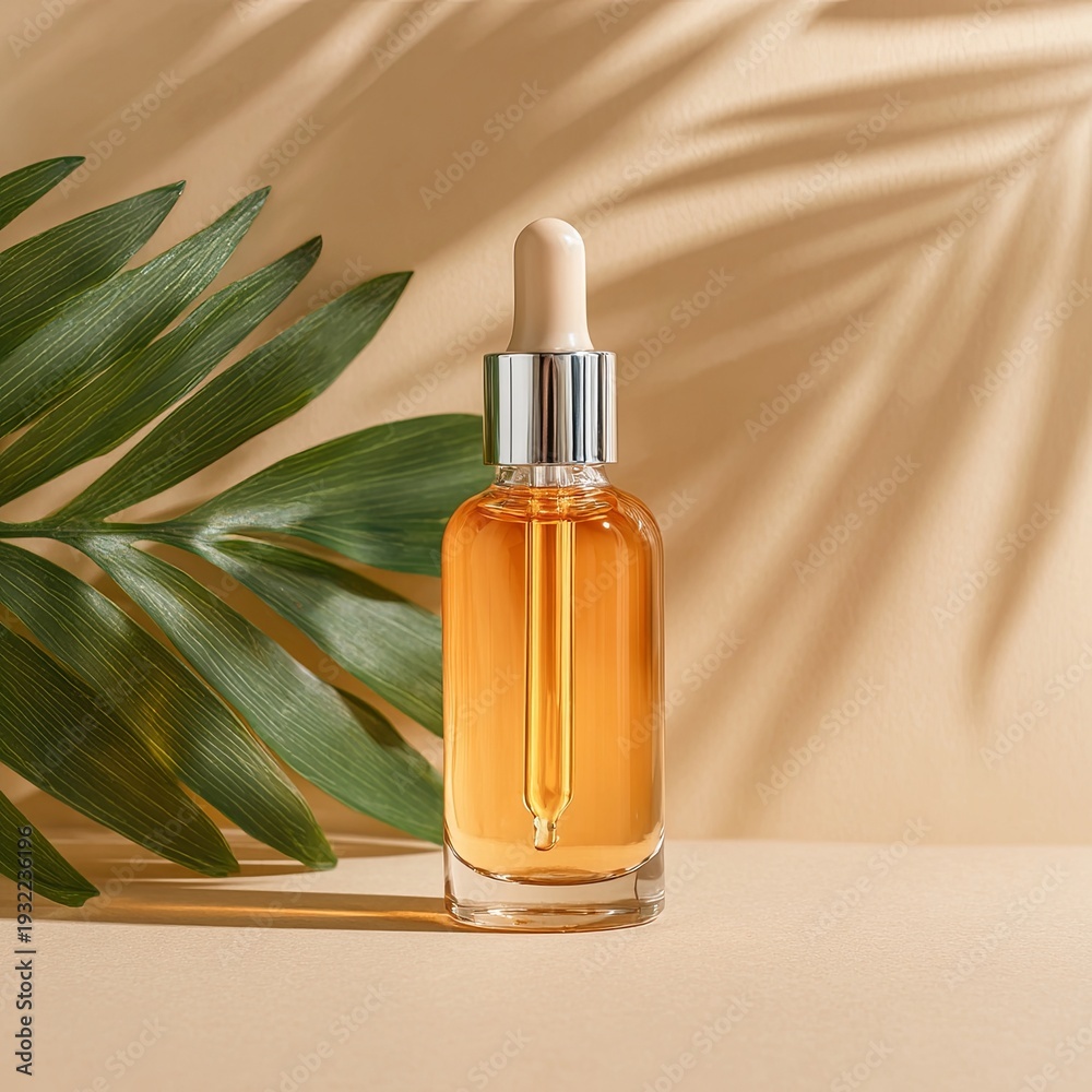 Naklejka premium cosmetic oil bottle with pipette dropper standing on tan background. skin care concept. Natural cosmetic. Modern beauty trend.