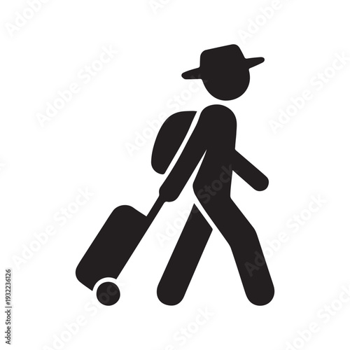 Traveler Walking with Suitcase Silhouette Icon Vector On White Background

