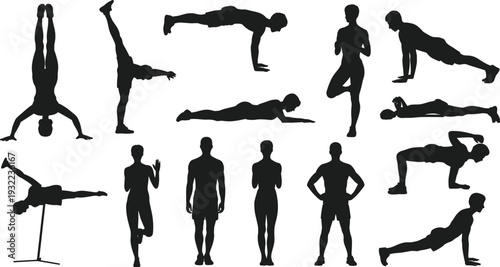 Silhouette people exercising, fitness workout poses, gym training, calisthenics, strength exercise, yoga positions, athletic movement, healthy lifestyle, bodyweight workout, art