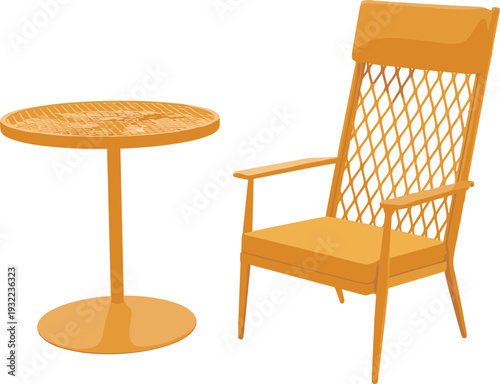 Wooden chair and round table vector illustration set with classic design, cozy seating furniture elements isolated on white background for interior decor