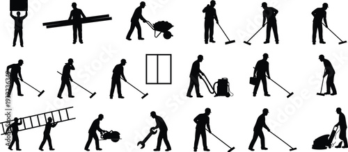Maintenance worker silhouettes, janitorial tasks, cleaning icons, broom sweeping, vacuum usage, ladder carrying, wheelbarrow pushing, occupational safety artwork design