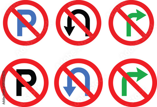 Six red prohibition traffic signs with no parking no turns arrows in blue black and green
