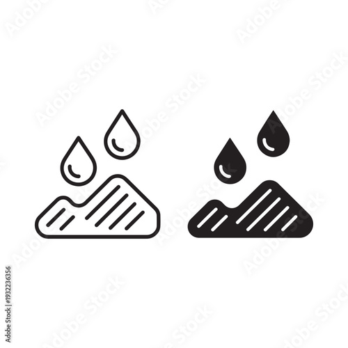 Black and white line art depicting mountains with raindrops above