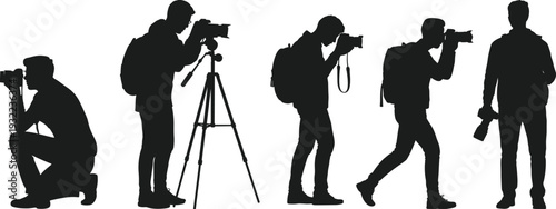 Silhouette photographers shooting, camera poses, tripod setup, travel photography, creative art, dynamic stances, outdoor lifestyle, expedition, photo figure, design