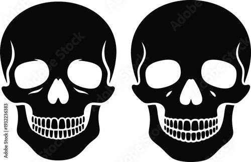 Two black and white symmetrical skulls front view with clean bold symmetry
