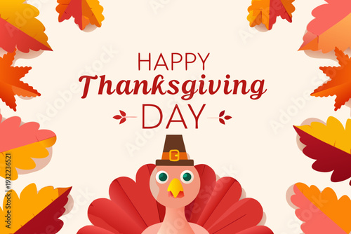 Happy thanksgiving day greeting with a colorful turkey and autumn leaves