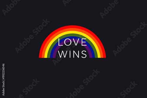 A colorful rainbow arc with the words love wins displayed prominently