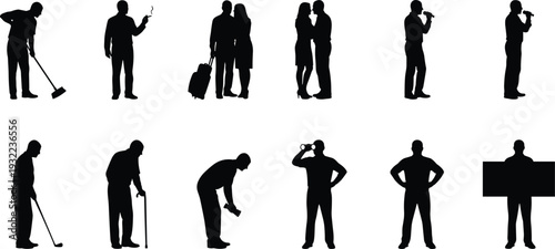 Worker silhouettes, construction tasks, maintenance labor, tool usage, bucket carrying, ladder climbing, wrench holding, vacuum cleaning, surveying instrument, teamwork artwork design