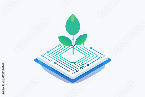 A green leaf sprouts from a blue circuit board representing growth