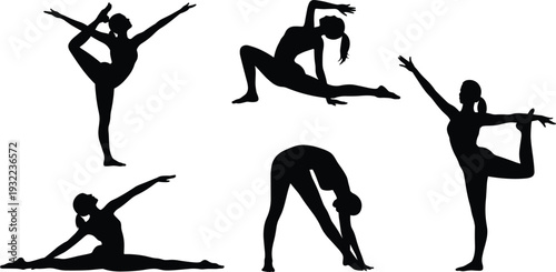Silhouette yoga dance poses, fitness balance, body flexibility, strength training, artistic motion, healthy lifestyle, meditation, exercise art, graceful movement
