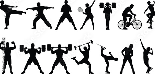 Silhouette sports activities, martial arts, tennis, weightlifting, cycling, figure skating, bodybuilding, breakdancing, fitness motion,