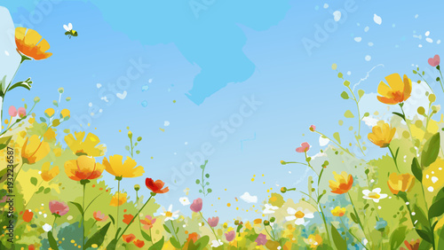 A vibrant illustration of wildflowers and a bee against a blue sky