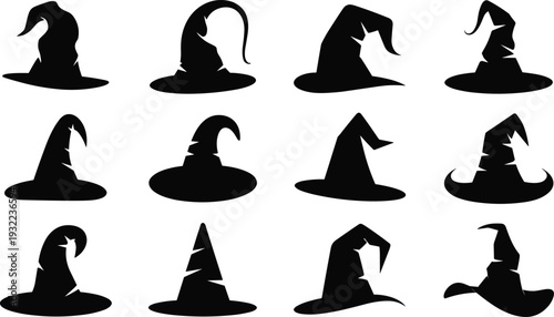 Halloween witch hat silhouette collection, spooky magic costume accessory vector illustration, fantasy wizard hats set, horror holiday design elements