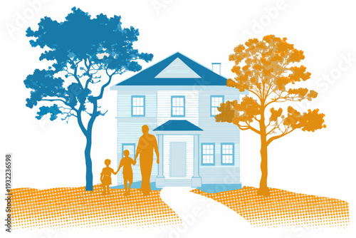 A family stands before a blue house with trees and a pathway