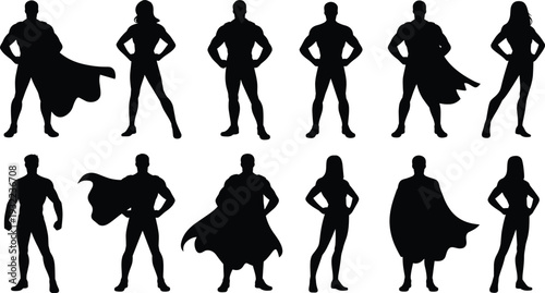 Superhero silhouette collection, male and female hero characters with cape vector illustration, comic action figures standing powerful isolated set