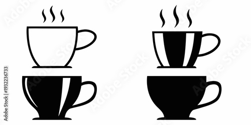 Black and white illustration of four steaming coffee or tea cups