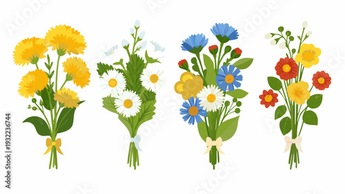 Colorful floral bouquets with yellow blue white and red blossoms