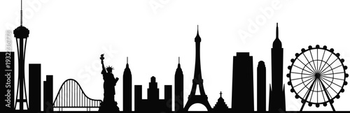 Global famous landmarks skyline silhouette, world cityscape vector illustration, travel architecture icons, modern urban panorama, tourism destination collection, city skyline