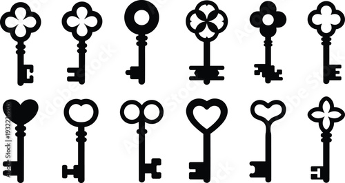 Vintage key silhouette collection, antique decorative skeleton keys vector illustration, classic lock access symbols, retro security design elements isolated