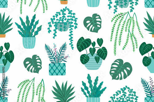 Seamless pattern featuring various potted tropical houseplants on white