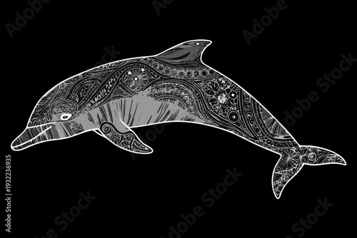 Intricate monochrome illustration of a dolphin leaping from the water