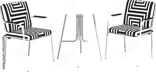 Modern outdoor patio furniture vector illustration with patterned armchairs and minimalist table, contemporary seating set for terrace, balcony, and garden design