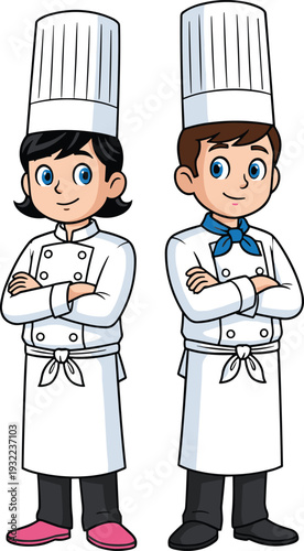 Cartoon chefs in white uniforms with crossed arms – professional cooking character vector for culinary, restaurant, kitchen, and food design